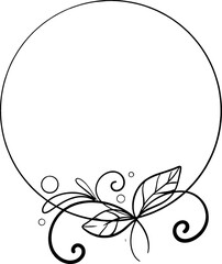 Vector circle frame with leaves, ornament, pattern. Freehand graphic drawing, design doodle element. Black circuit silhouette.