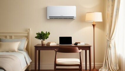 A serene bedroom setting with a prominent study table placed against a light beige wall, surrounded by a pair of matching wooden chairs, one with a soft cushion, and a floor lamp with a cream-colored