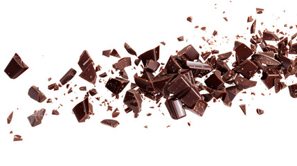 Dynamic image of chocolate pieces shattering in midair, showcasing the rich texture and tempting appeal of the confectionery treat.