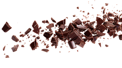Dynamic image of chocolate pieces shattering in midair, showcasing the rich texture and tempting appeal of the confectionery treat.
