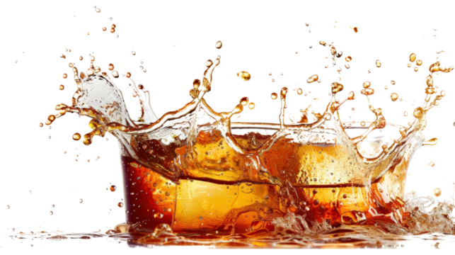 Splashing whiskey in a glass with ice cubes on a white background, capturing the motion and energy of the liquid.
