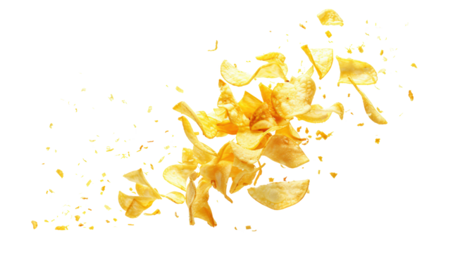 Close-up of crunchy potato chips scattered on a white background. Perfect for snacks, food, or culinary-themed designs.