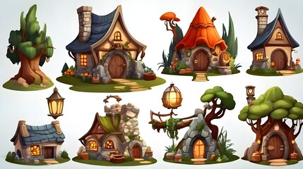 Fototapeta premium Forest village or dwarves valley objects set Cartoon fairytale elf or dwarf house well and lantern