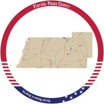 Map of Pasco County in Florida, USA arranged in a circle.