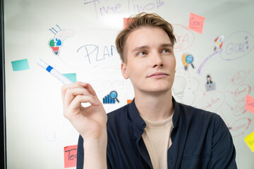 Portrait of young caucasian businessman thinking with confused face expression while standing in front of glass board with sticky notes and mind map at creative business meeting. Immaculate.