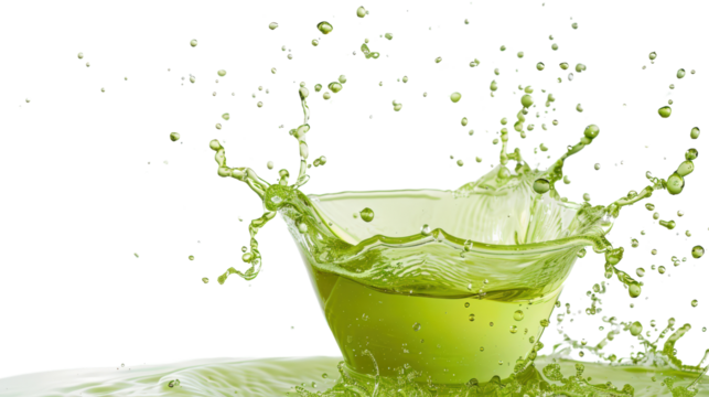 Green liquid splashing in a glass bowl on reflective surface, capturing motion and energy with vibrant color and dynamic action.