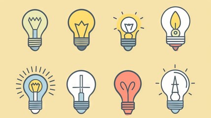 Design icons that illustrate different functions or concepts related to light bulbs, such as on/off, energy efficiency, innovation, brainstorming, or