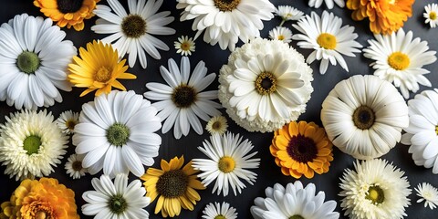 Fototapeta premium A closeup photograph showcasing a variety of white and yellow flowers arranged on a dark surface