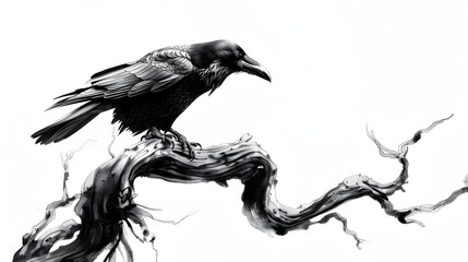 Fototapeta premium a raven perched on a twisted branch, isolated on a white background