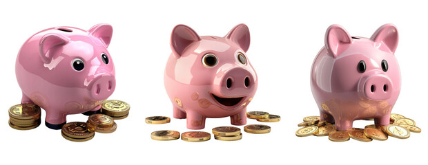 Pink Piggy Banks with Coins Isolated on Transparent Background