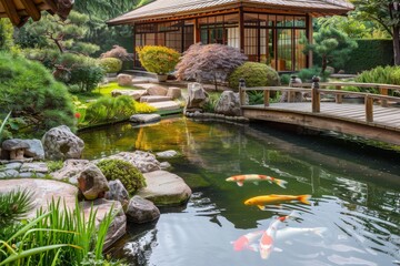 Naklejka premium Japanese Garden with Koi Pond and Wooden Bridge.