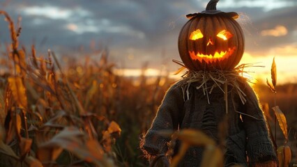 Obraz premium Spooky Scarecrow in Cornfield at Dusk with Jack-o'-Lantern Head, Generative AI illustration