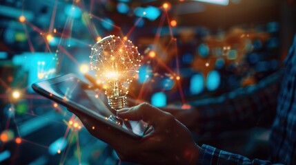Innovation. Hand holding tablet with light bulb future technology, innovative technology in science and communication concept