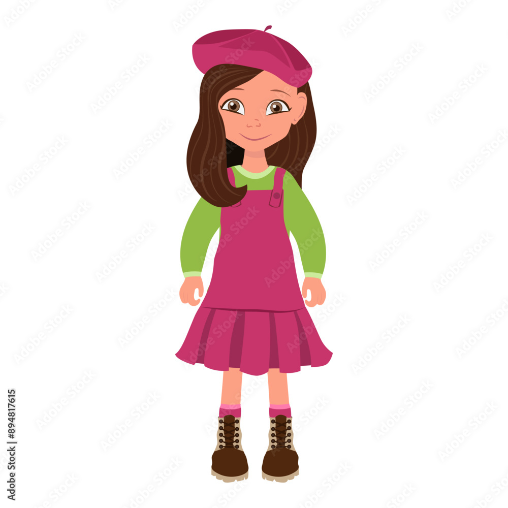 Wall mural Flat Vector Illustration of Kid Girl in Red Dress and Beret, Cartoon Character Set For Animation, Various Views, Poses and Gestures. Item 4