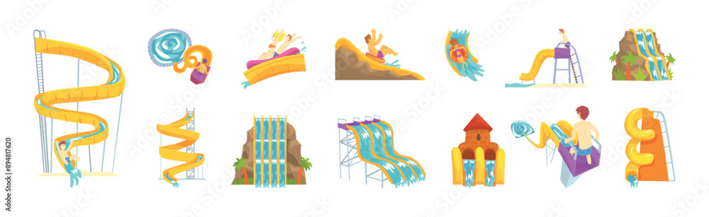 Wall mural people character at aquapark enjoy water slide vector set