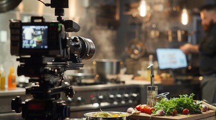 A video camera is set up in a kitchen, pointed towards a counter with food and vegetables. A chef is out of focus in the background, working on a recipe.