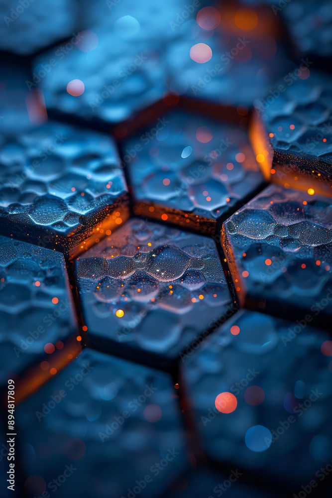 Poster abstract hexagonal pattern on a dark backdrop with blue and orange lights reflecting, forming a dyna