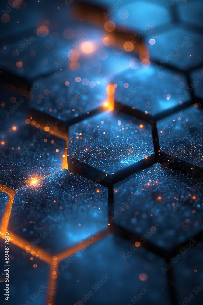Poster abstract hexagonal pattern on a dark backdrop with blue and orange lights reflecting, forming a dyna