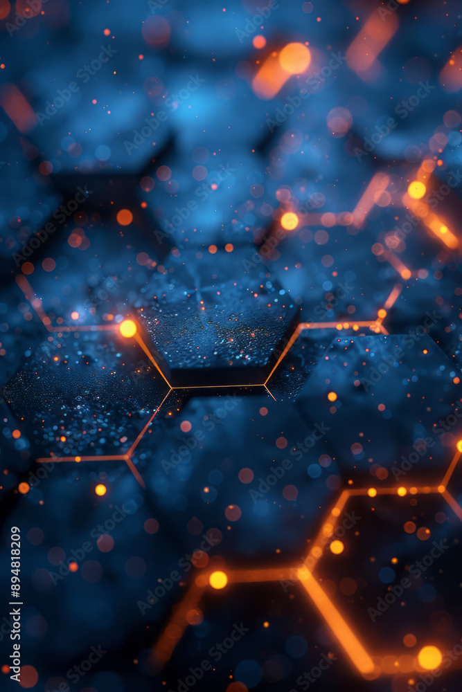 Poster minimalist dark abstract hexagonal pattern illuminated by blue and orange light reflections, forming