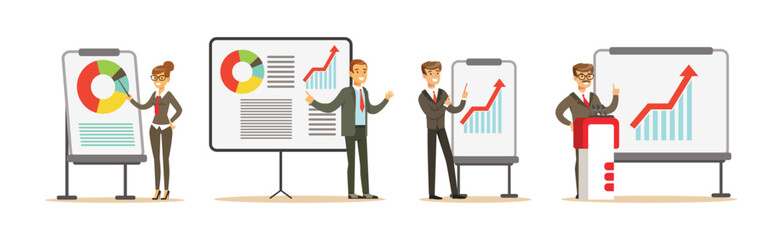 Man and Woman Business Leader and Employee Show Presentation Vector Set