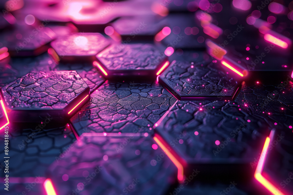 Poster dark abstract hexagonal pattern with glowing purple and pink light reflections creating a dynamic, f