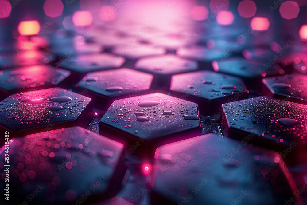 Poster minimalist dark hexagonal grid illuminated by alternating purple and pink lights, casting subtle ref