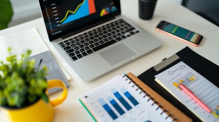 Introduce subtle props around the laptop that relate to the theme of web analytics and blogging. This could include a notebook with sketches or notes, a coffee mug, or a smartphone displaying