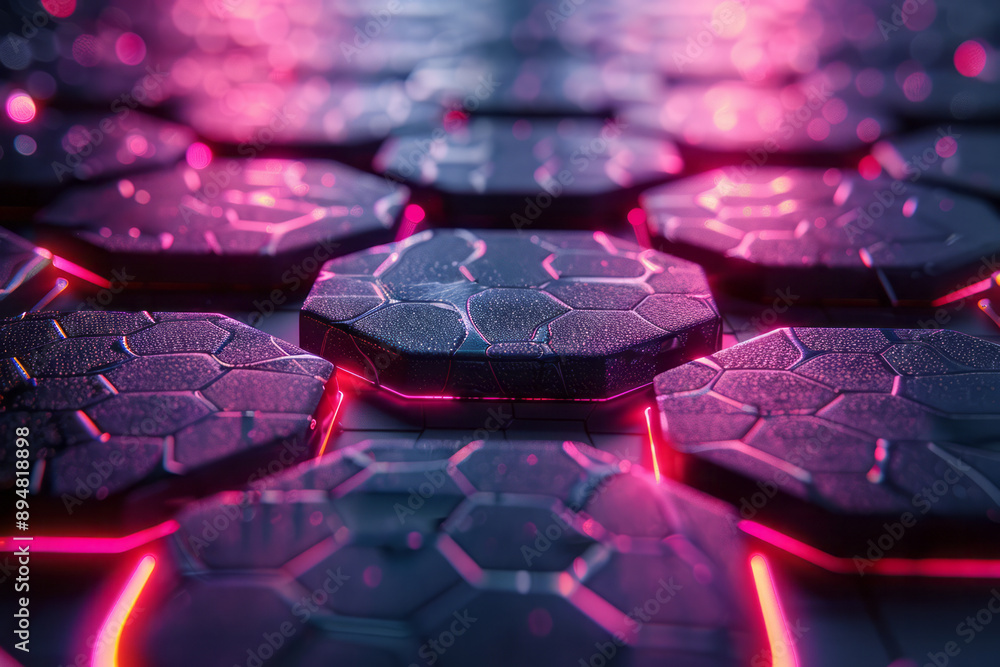 Poster dark hexagonal grid pattern with neon purple and pink light reflections, creating a striking, high-t