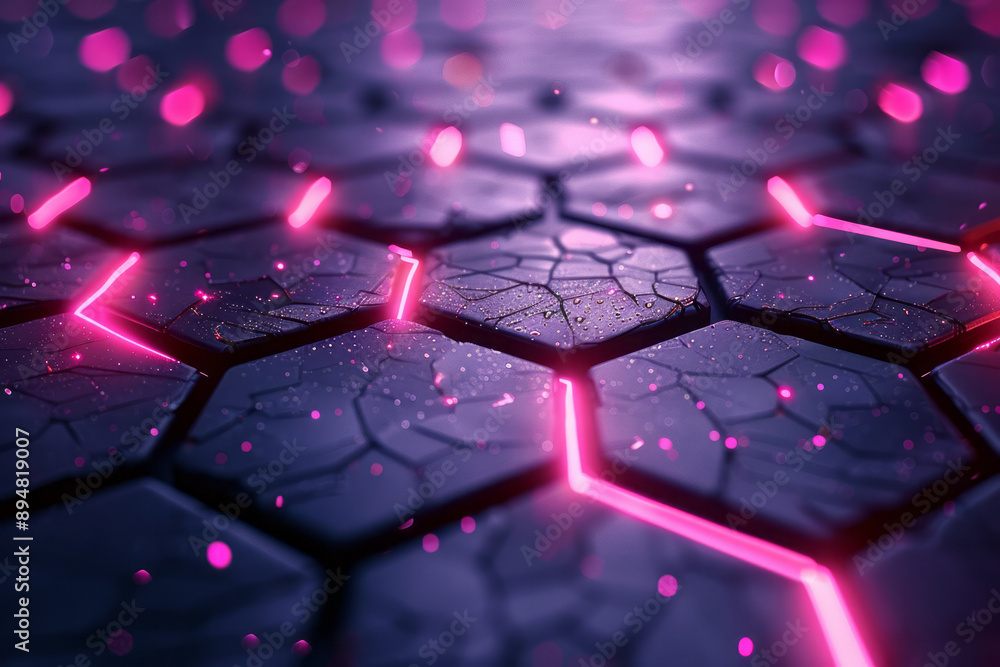 Poster dark hexagonal grid pattern with neon purple and pink light reflections, creating a striking, high-t