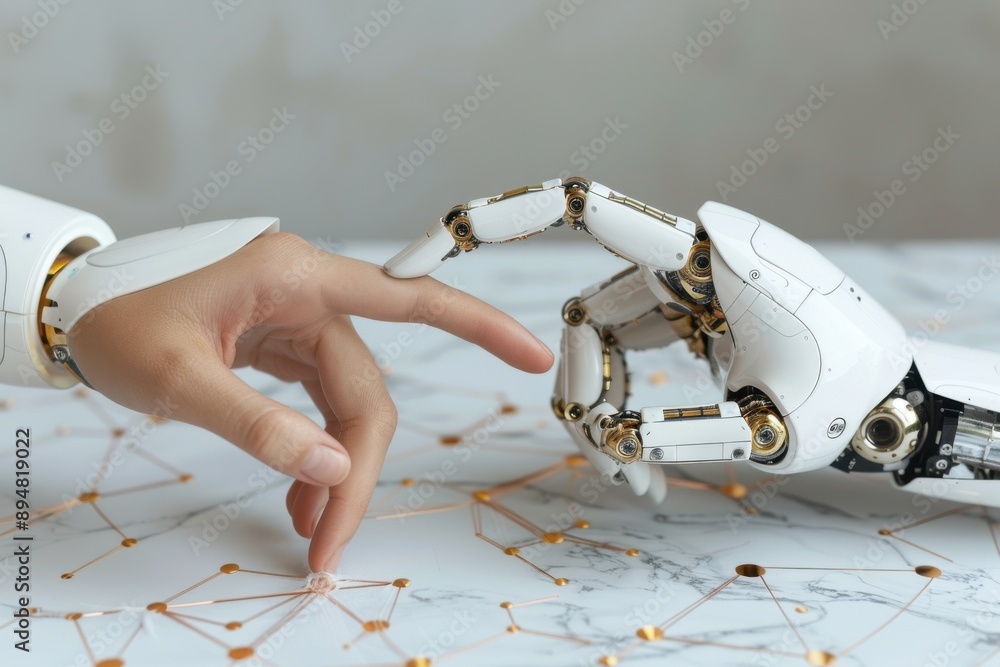 Poster a close-up image of a human hand gently touching a robotic hand, symbolizing the connection between 