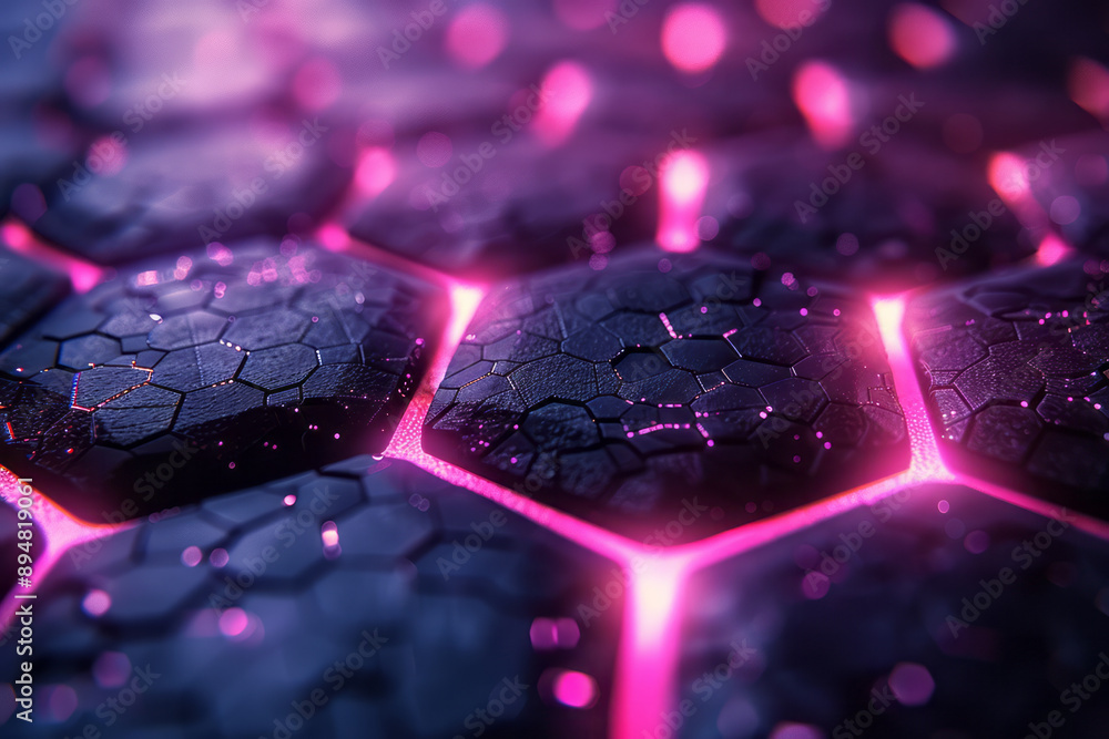Poster dark hexagonal grid pattern with neon purple and pink light reflections, creating a striking, high-t