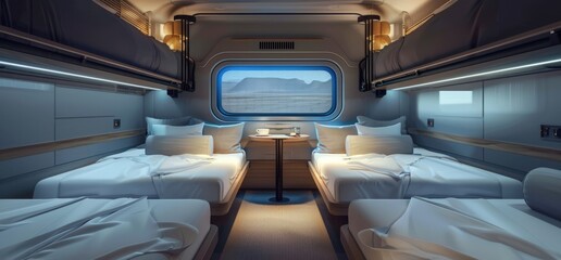A modern train cabin with four beds and two small tables in the middle, blue light inside, white pillows on each bed, and window at one end