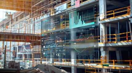 Fototapeta premium Generate a photo realistic image of a construction project displaying an expense tracking dashboard with real-time cost monitoring and budgeting details; ensure the image is of high resolution