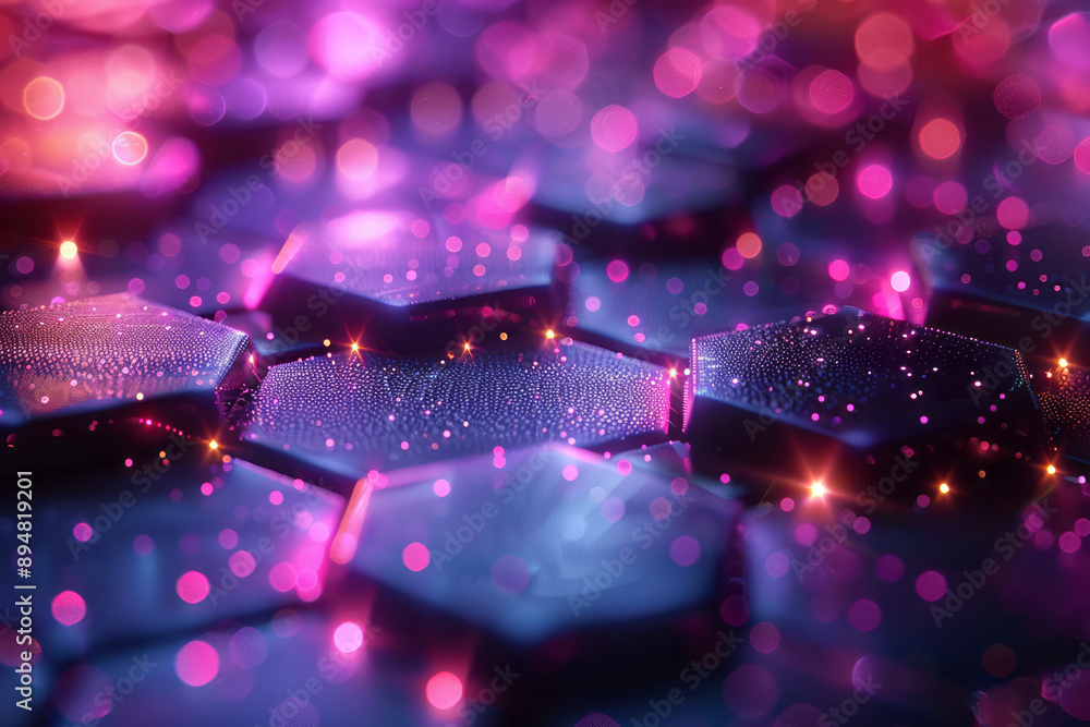 Poster abstract hexagonal pattern on a dark backdrop with purple and pink lights reflecting, forming a dyna