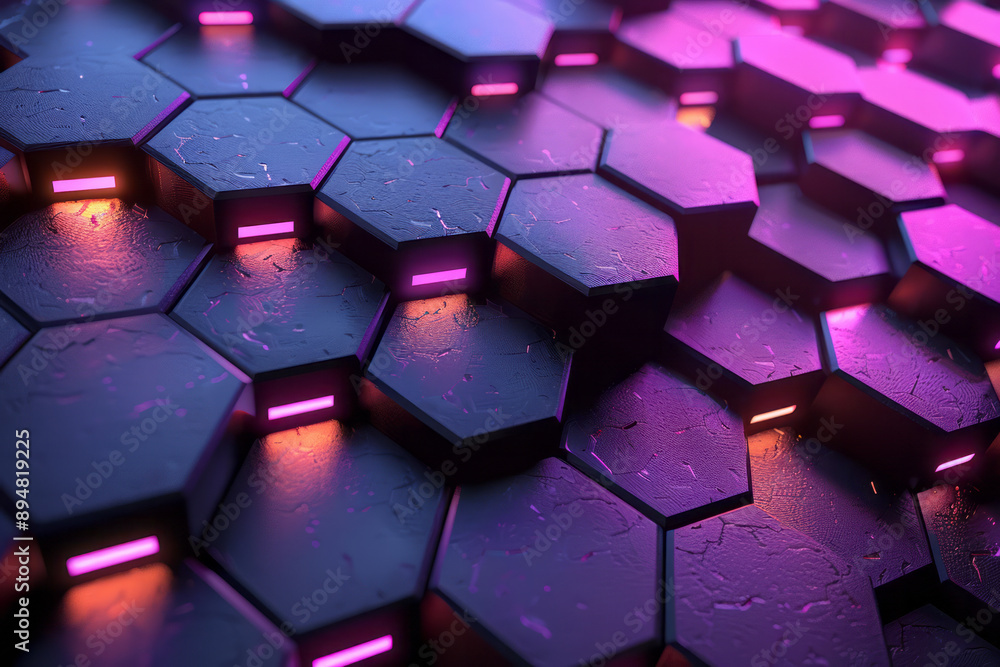 Poster dark geometric hexagonal design illuminated by alternating purple and pink light reflections, creati