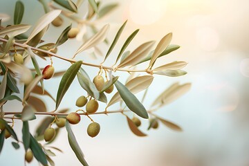 A close-up of an olive branch with delicate green leaves and small olives, set against a soft-focus background of the sky.