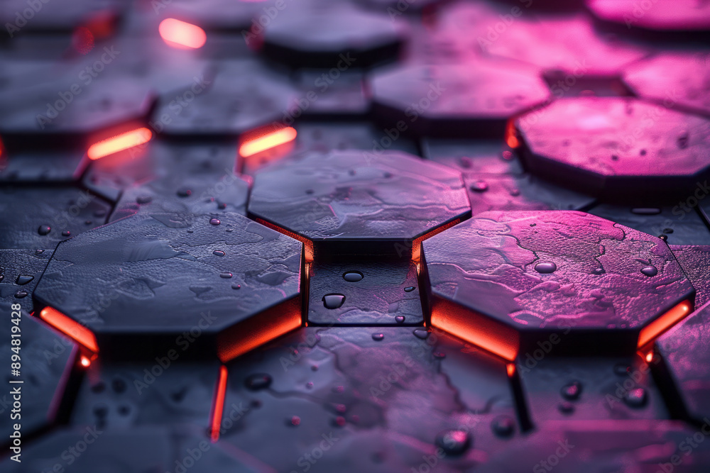 Poster dark geometric hexagonal design illuminated by alternating purple and pink light reflections, creati