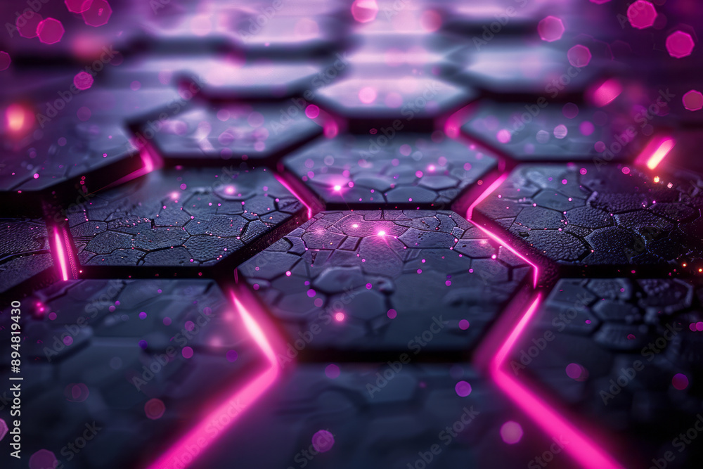 Poster minimalist dark hexagonal pattern with subtle purple and pink light reflections, enhancing the abstr