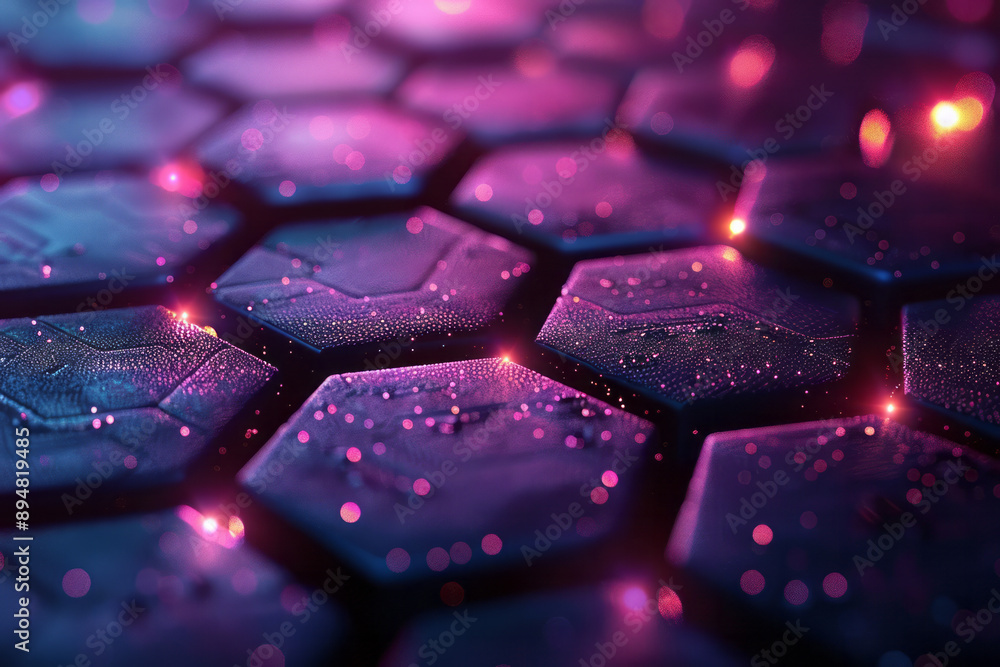 Poster minimalist dark hexagonal pattern with subtle purple and pink light reflections, enhancing the abstr