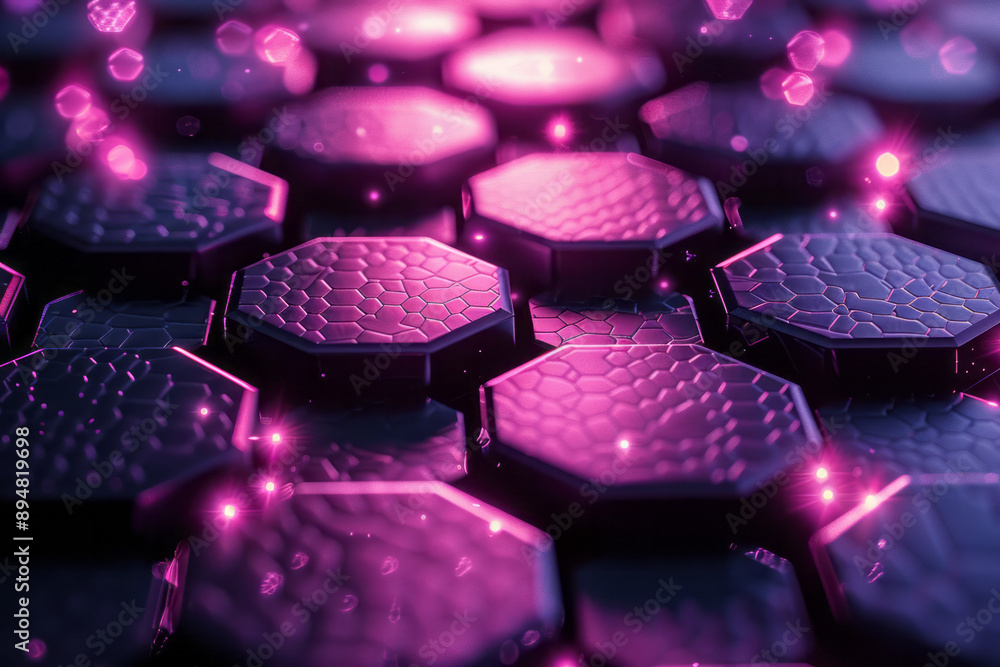 Poster dark hexagonal pattern with vibrant purple and pink light reflections, creating a visually engaging 