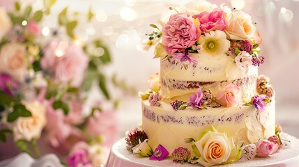 Fototapeta premium A wedding cake with flowers on top.