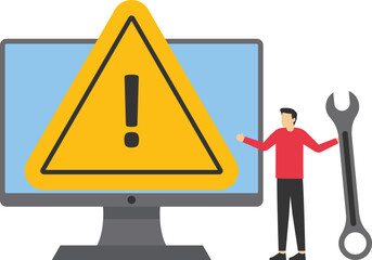 System error concept. Software problem or system failure, security alert or hardware fault to be fixed, caution or maintenance, young technician holding wrench fix system failure message on computer.
