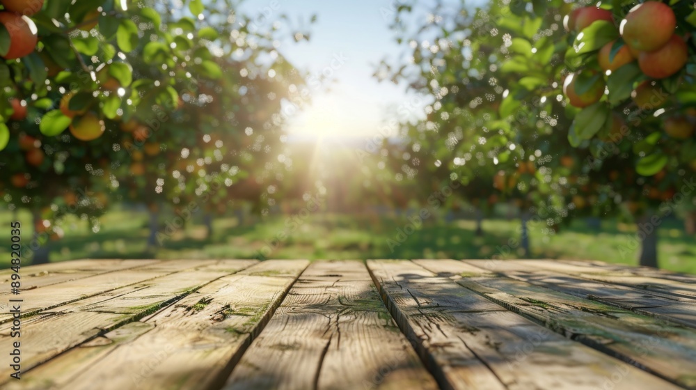Poster a wooden table sits in front of a lush apple orchard, bathed in warm sunlight. the trees are laden w