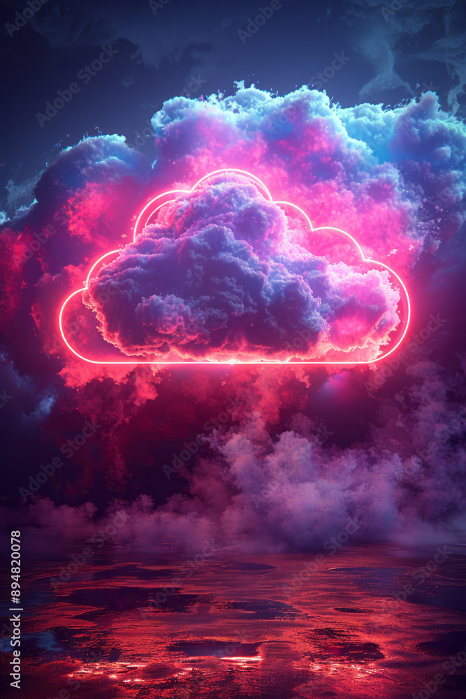 Poster an abstract neon pink cloud icon with a dynamic loading bar below it, on a plain black backdrop,