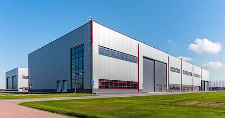 Obraz premium Exterior of a industrial warehouse dock station with gray walls and red edges, surrounded by green grass. Commercial storehouse building, business unit, cargo factory, distribution, logistic.