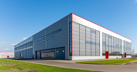 Obraz premium Exterior of a industrial warehouse dock station with gray walls and red edges, surrounded by green grass. Commercial storehouse building, business unit, cargo factory, distribution, logistic.