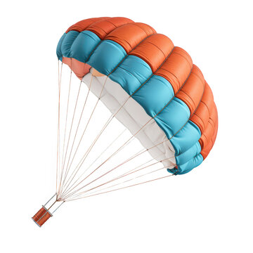 Colorful parachute with blue and orange segments, isolated on white background, showcasing outdoor adventure and extreme sports equipment.