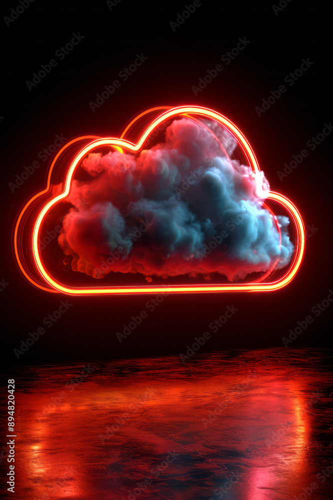 Poster a simple neon red cloud computing symbol with an animated loading bar, against a solid black backgro