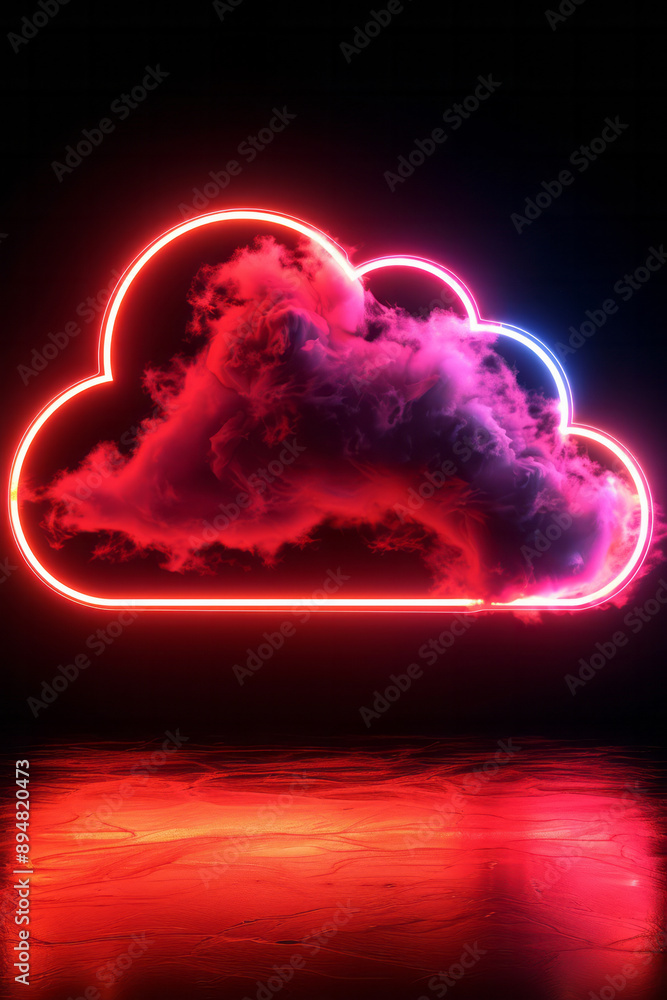 Poster a simple neon red cloud computing symbol with an animated loading bar, against a solid black backgro