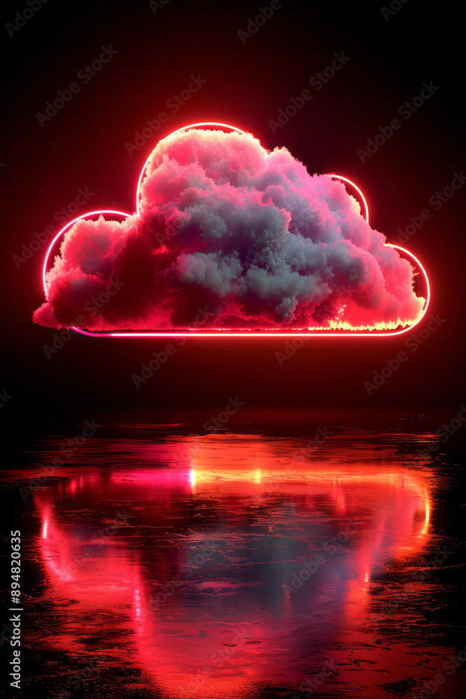 Poster a minimalist neon pink cloud computing icon with a glowing loading bar beneath, set against a plain 